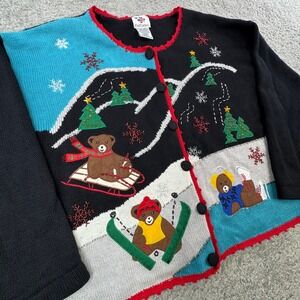 NutCracker VTG Christmas Bear Skiing Sledding Cardigan Sweater Womens XL Black